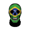 A green skull face mask featuring the Brazilian flag design on its forehead and a black hood.