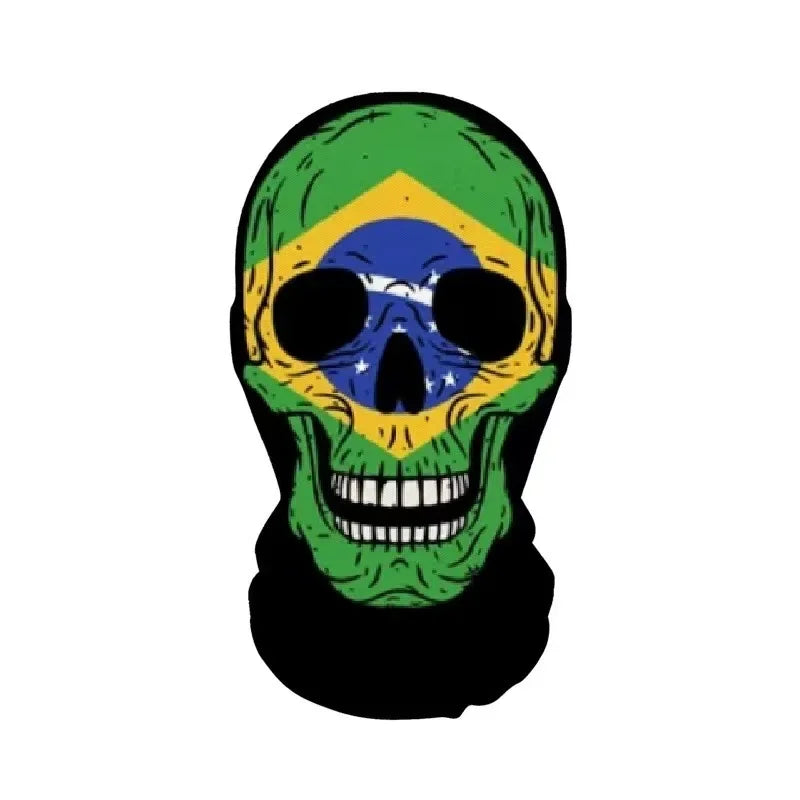 A green skull face mask featuring the Brazilian flag design on its forehead and a black hood.