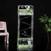 A clear glass hourglass filled with black liquid, featuring cute white panda and floral decorations.