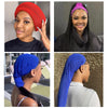 Three images showing a stretchy hair net cap in red, purple, and blue with drawstring sleeves.