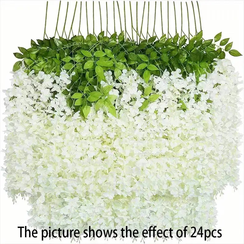 Artificial wisteria vine garland featuring green leaves and white flowers