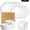 A set of 16 white reusable plastic plates and bowls packaged in a cardboard box.