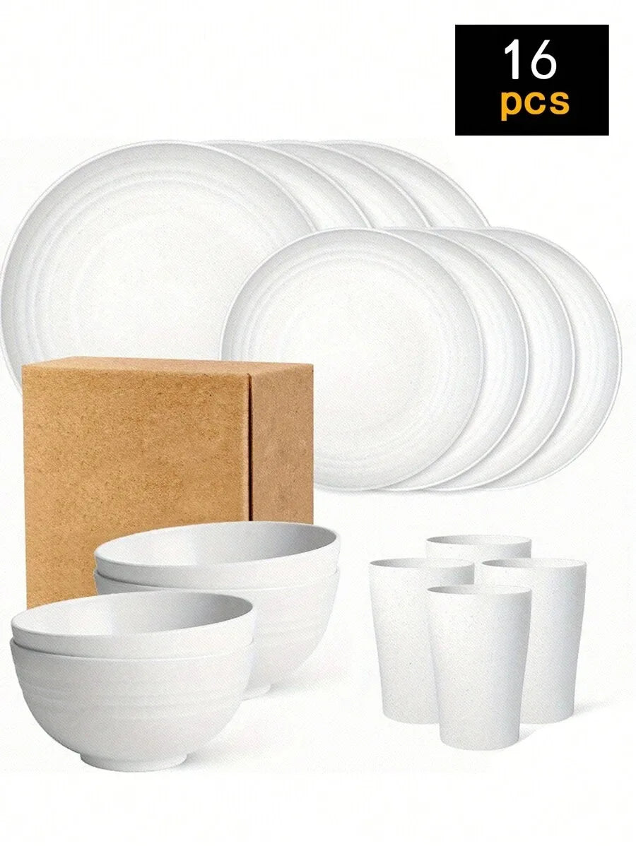A set of 16 white reusable plastic plates and bowls packaged in a cardboard box.