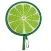 A round green fruit design fan with a circular pattern and a green fabric background.