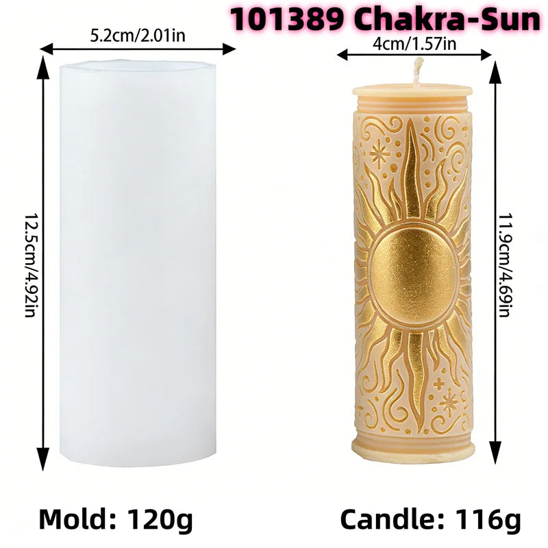 A tall, cylindrical mold for a chakra-sun pillar candle featuring celestial and mystical symbols.