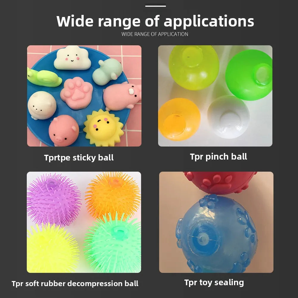 Various soft rubber balls including sticky, pinch, decompression, and sealing toys in different colors
