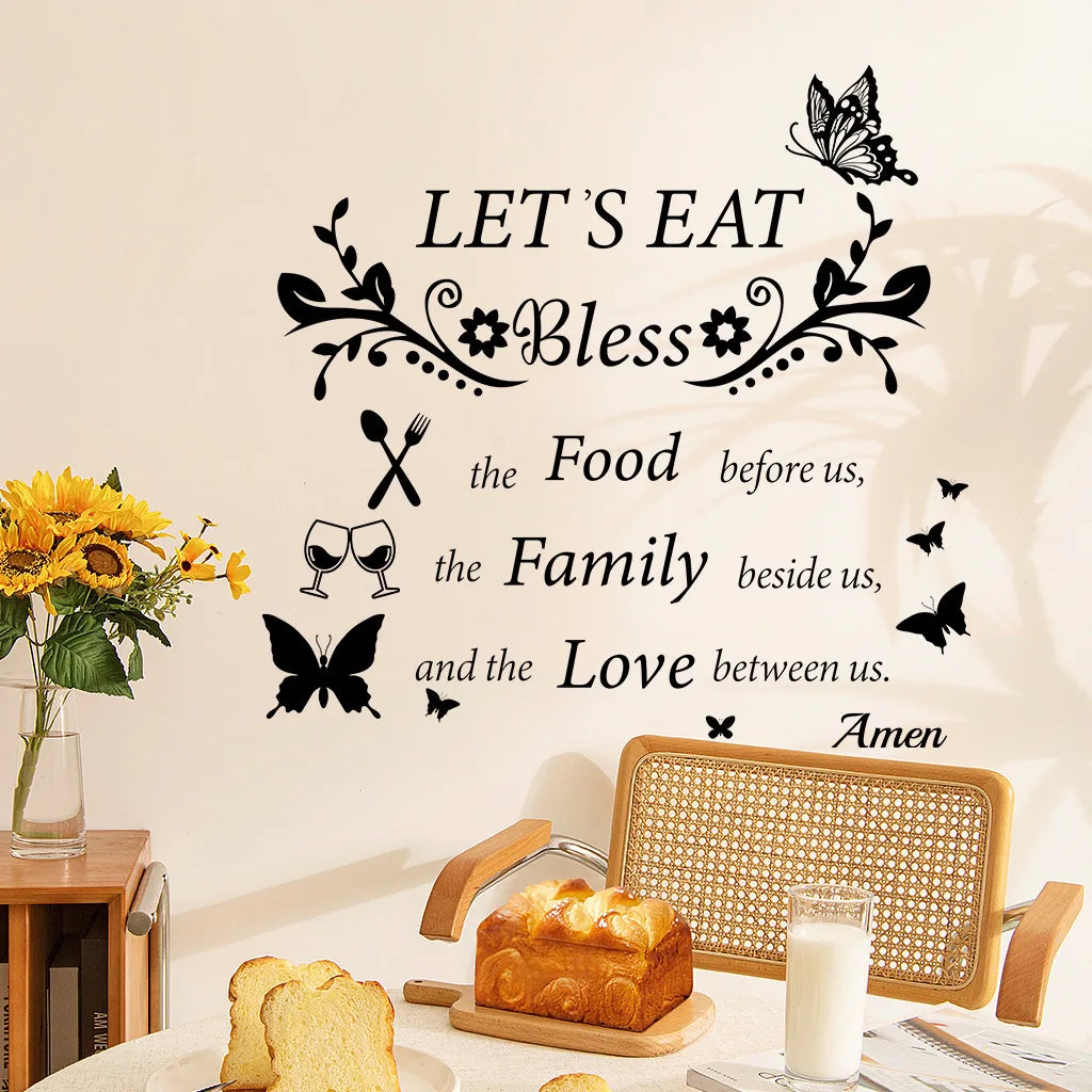 Elegant letter print wall decals featuring a blessing message for kitchen and dining room decor