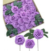 A box filled with purple foam roses for wedding and home décor