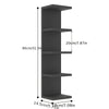 A vertical, five-tier wall-mounted storage shelf in a dark gray finish with dimensions provided.