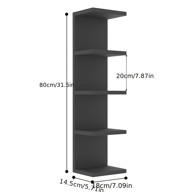 A vertical, five-tier wall-mounted storage shelf in a dark gray finish with dimensions provided.