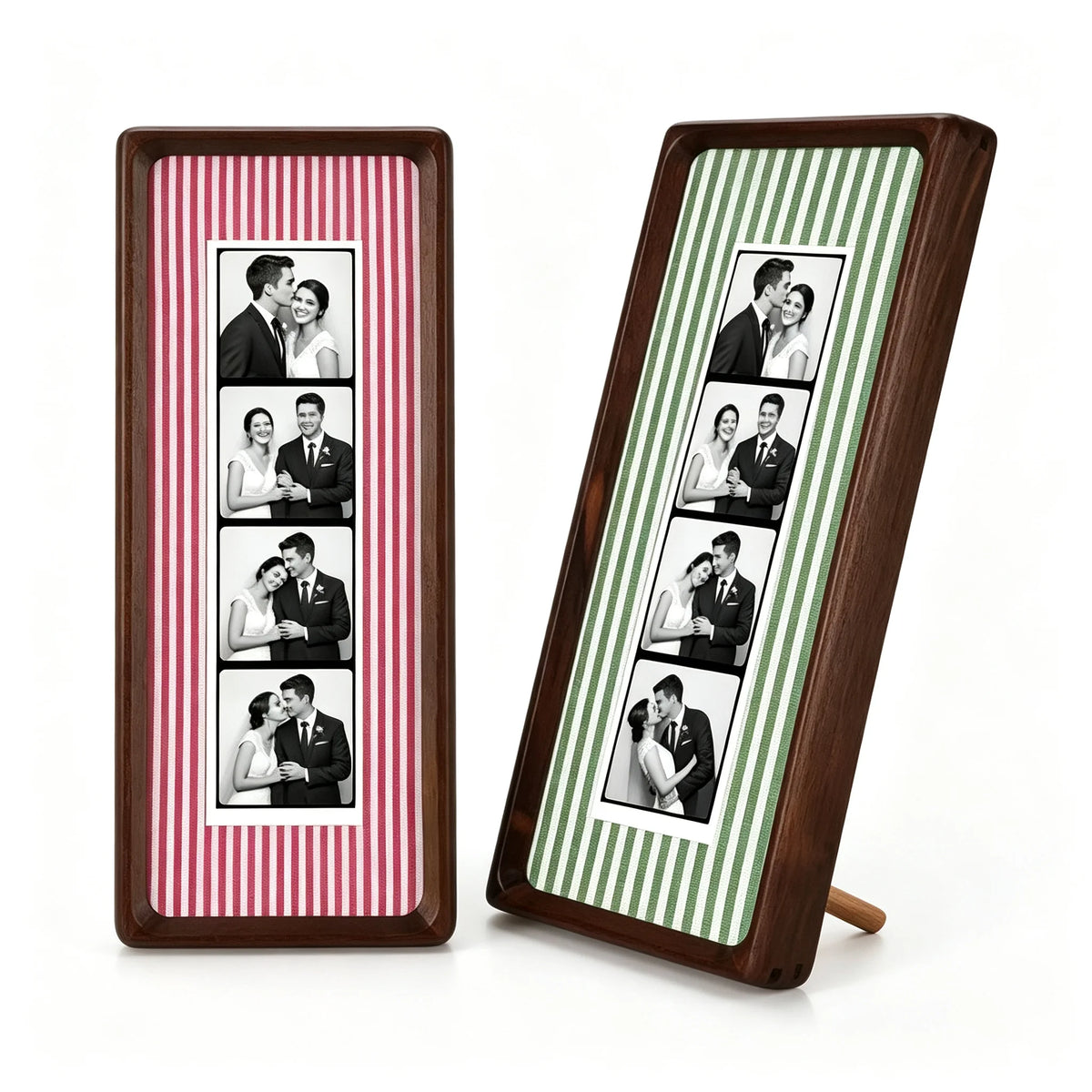 A pair of custom photo strip frames, one with red and white stripes and the other with green and white stripes, featuring cou