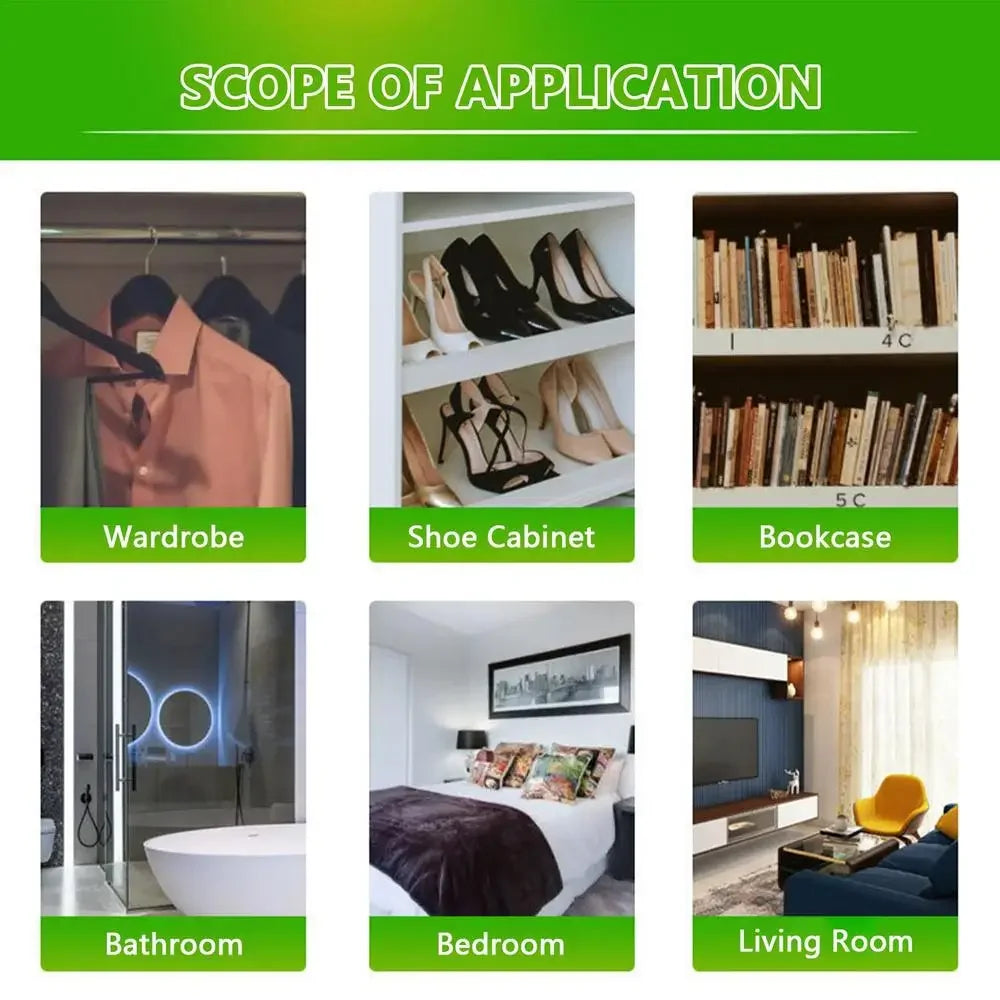 A grid showing various applications for hanging moisture absorber bags including a wardrobe, shoe cabinet, bookcase, bathroom