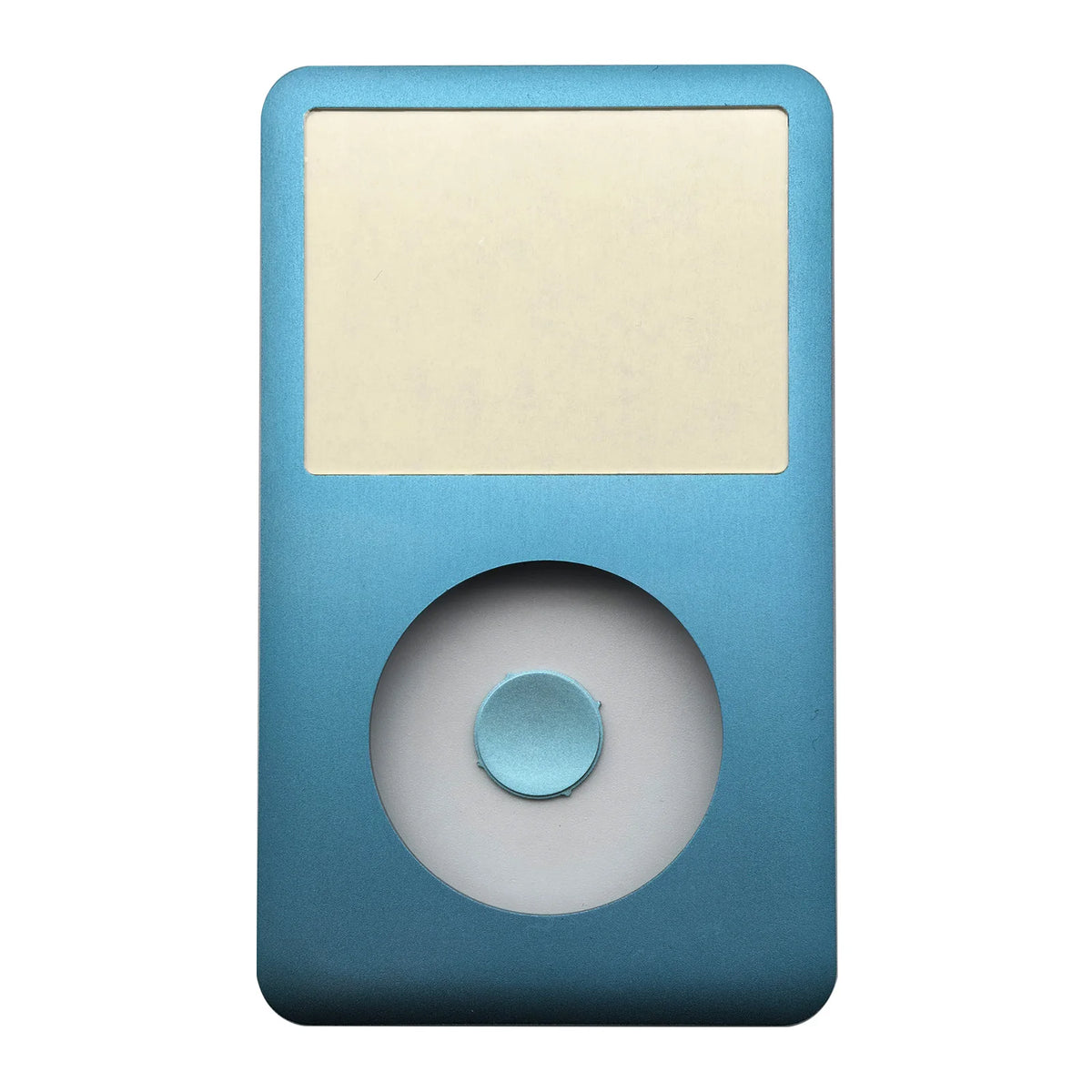A light blue iPod Classic front faceplate with a circular replacement clickwheel visible.