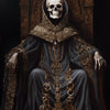 A dark portrait of a skull wearing a hooded cloak, framed in ornate gold, set against a black background.