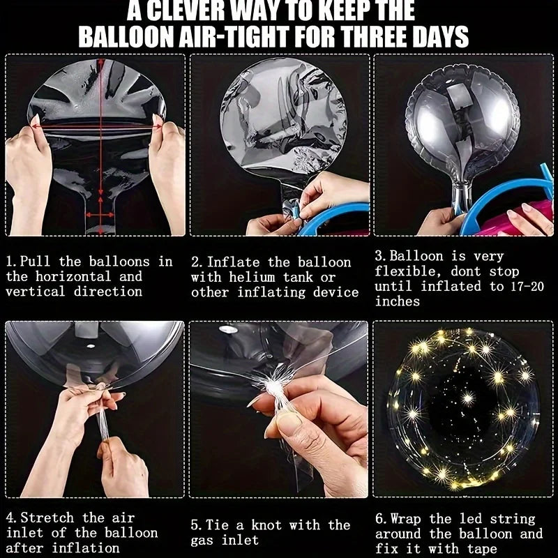 A six-step guide showing how to keep a balloon air-tight for three days using an inflating device.