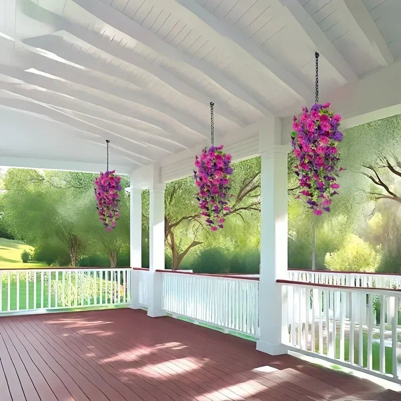 A porch features a wooden deck with white railings and a pergola, decorated with hanging purple morning glory garlands.