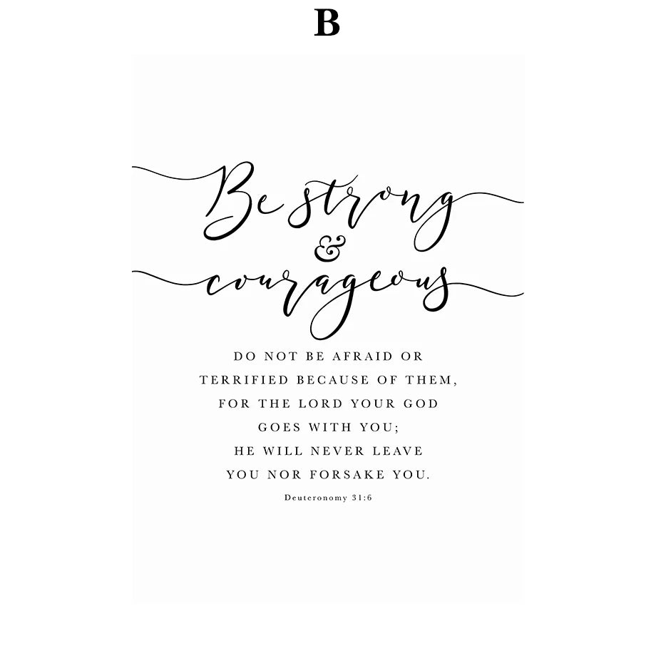 Black script text on a white background reads Be strong and courageous followed by a Bible verse reference