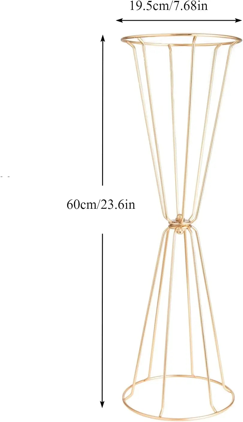 A tall, slender gold geometric flower stand with a flared base and a circular top.