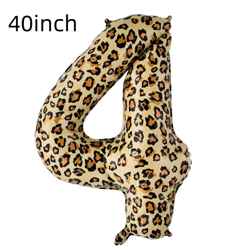 A large, inflatable number balloon shaped like the number 40 in a leopard print pattern.