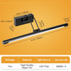 A black modern LED mirror light fixture with a long bar and mounting bracket shown against an orange background.