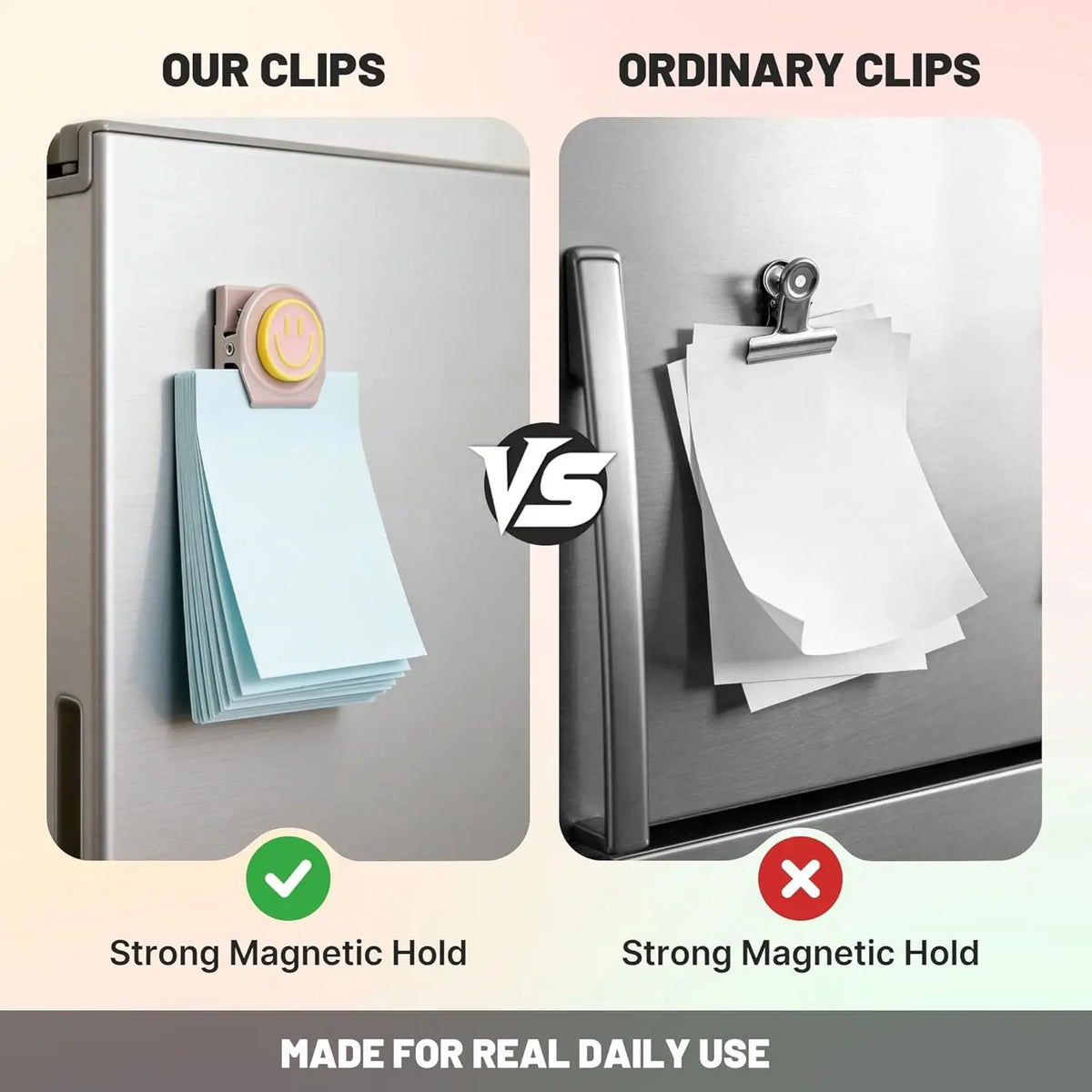 Comparison of strong magnetic clips versus ordinary clips for fridge and whiteboard use