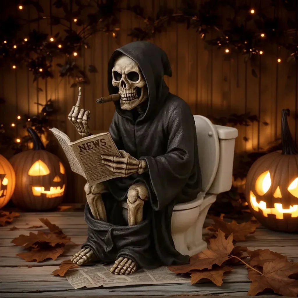 A dark resin statue of a skull wearing a hood and holding a newspaper sits on a toilet, decorated for Halloween.