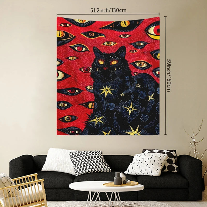 A tapestry wall hanging featuring a black cat with glowing yellow eyes against a red background with many other watchful eyes