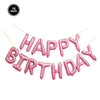 A string of pink foil balloon letters spelling out Happy Birthday is displayed against a white background.