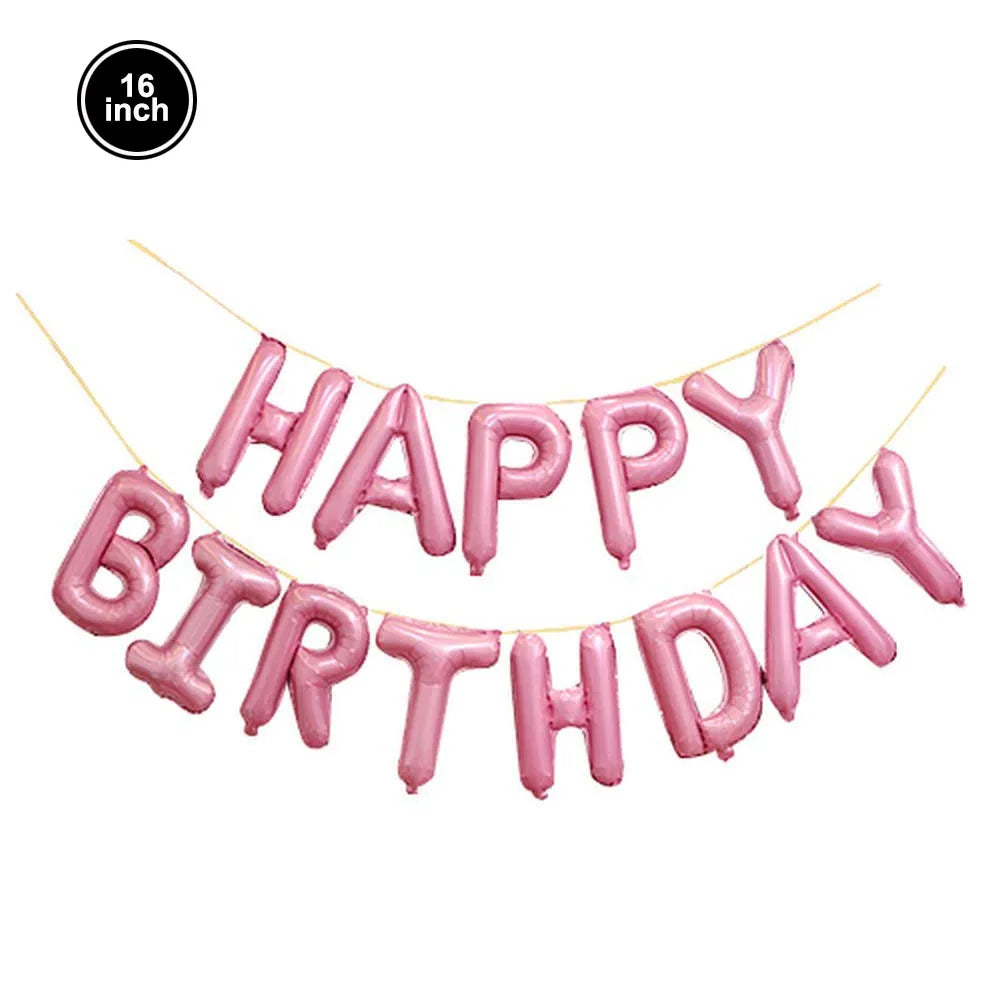 A string of pink foil balloon letters spelling out Happy Birthday is displayed against a white background.