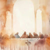 Watercolor painting depicting a silhouette of Jesus walking on water against a bright background.