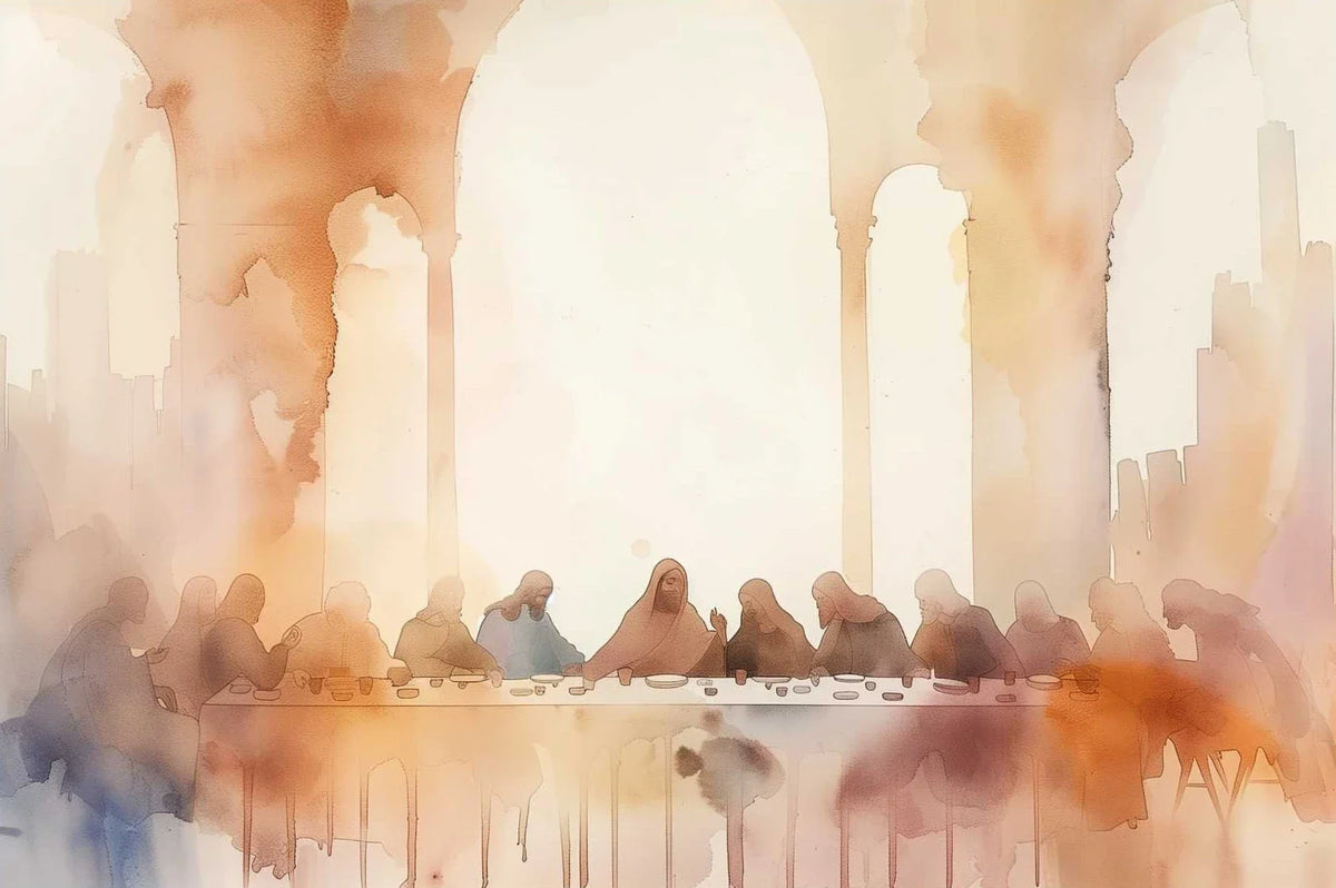 Watercolor painting depicting a silhouette of Jesus walking on water against a bright background.