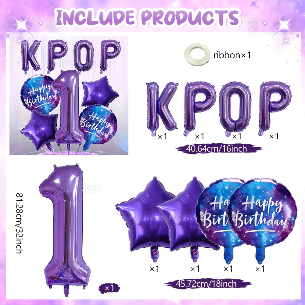 Purple foil number balloon set including a large number 1 and various purple star-shaped balloons