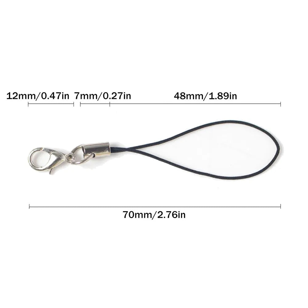 Silver lobster clasp lanyard straps with adjustable length and black cord.