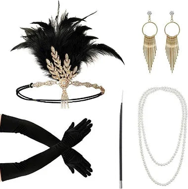 1920s Gatsby Flapper Accessory Set with Headband, Gloves, Pearl Necklace & Cigarette Holder
