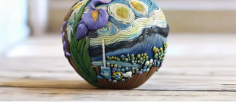 A colorful resin vase shaped like a landscape with swirling patterns and floral elements sits on a wooden surface.