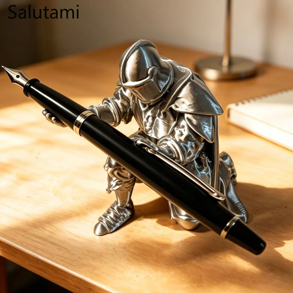 A silver 3D printed medieval knight pen holder with a black pen resting on a wooden surface.