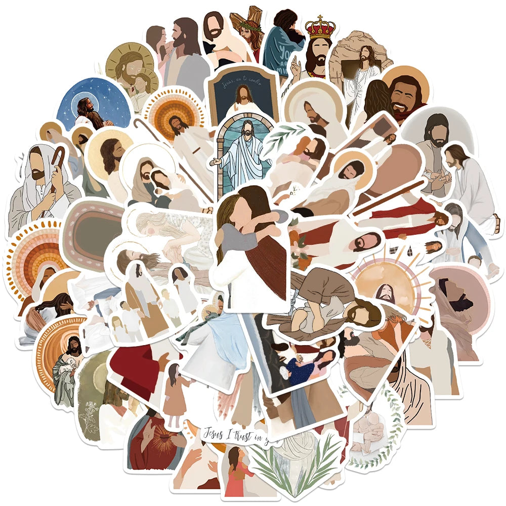 A collection of aesthetic faith stickers featuring biblical figures and religious themes.
