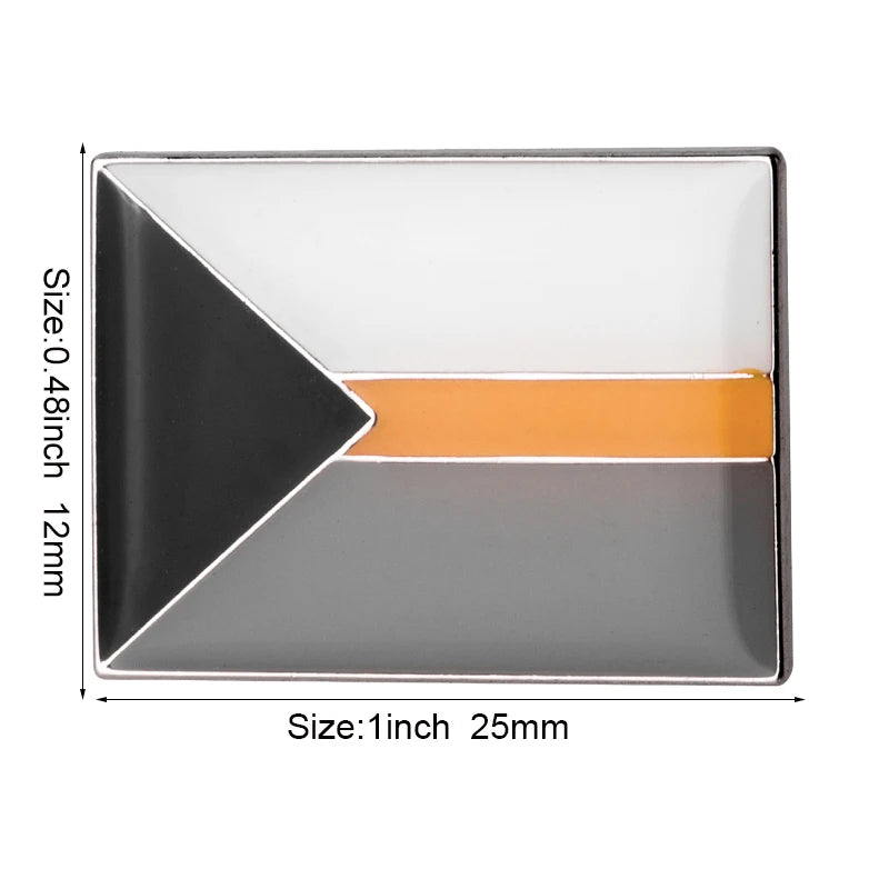 A square lapel pin featuring a geometric design with black, gray, and orange sections.