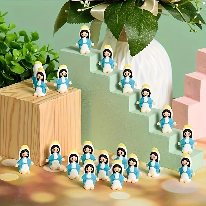 A collection of multicolor mini Virgin Mary statues arranged on a light green staircase and wooden blocks.