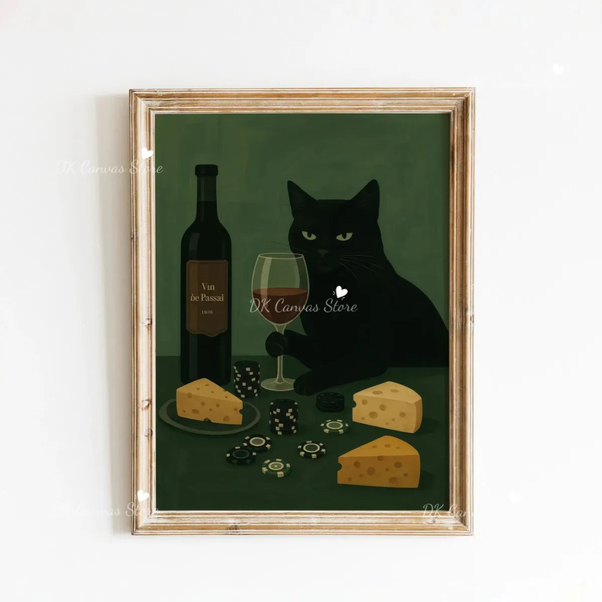 A framed canvas art print featuring a black cat sitting on a green surface next to a bottle of wine and cheese.