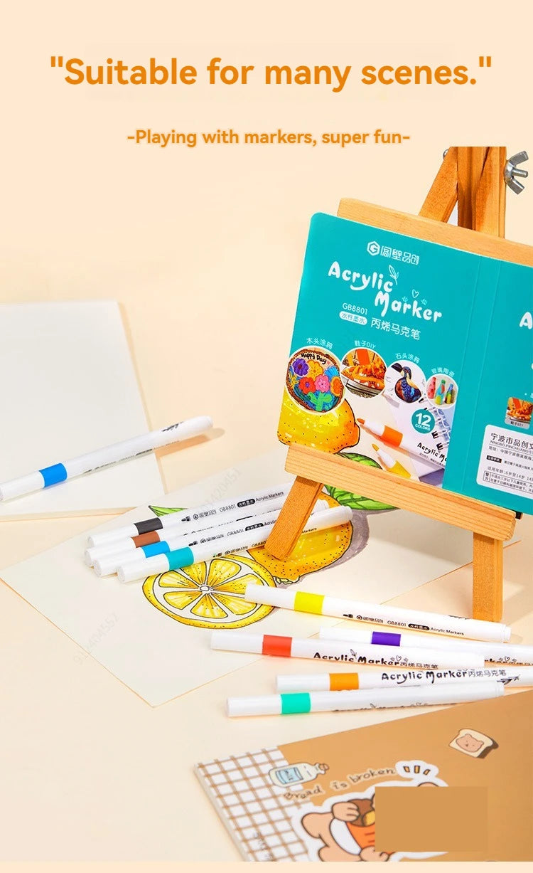 A set of acrylic markers is displayed on a wooden easel with various colored markers and art materials.