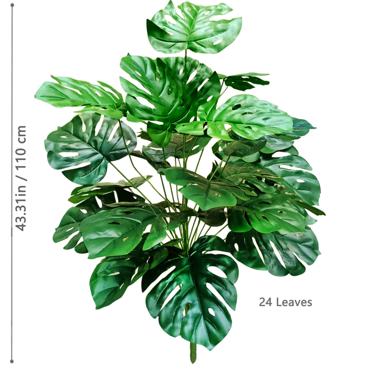 Artificial Monstera plant with silk green leaves displayed against a white background.