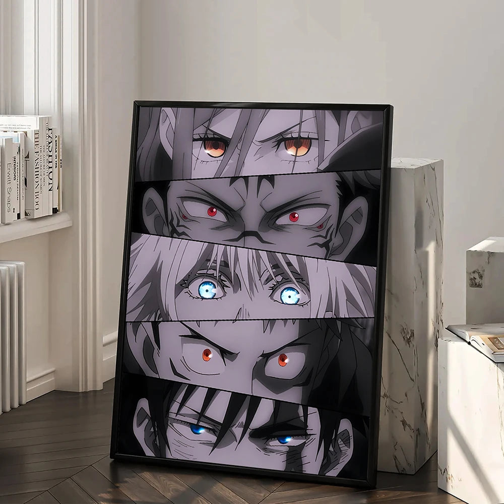 A collage poster featuring multiple intense facial expressions of Jujutsu Kaisen characters.