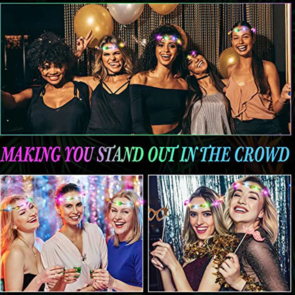 Five women smiling and posing with glowing flower wreath headbands in a celebratory setting.