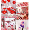 A collection of red and pink heart foil balloons celebrating a birthday, with various arrangements and decorations.