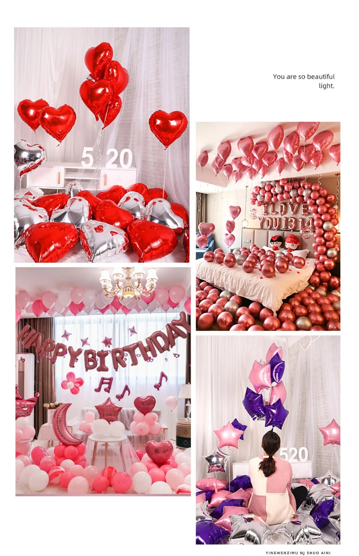 A collection of red and pink heart foil balloons celebrating a birthday, with various arrangements and decorations.