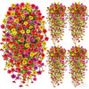 A collection of artificial violet flowers in various colors, including red, yellow, and pink, displayed as hanging vines.
