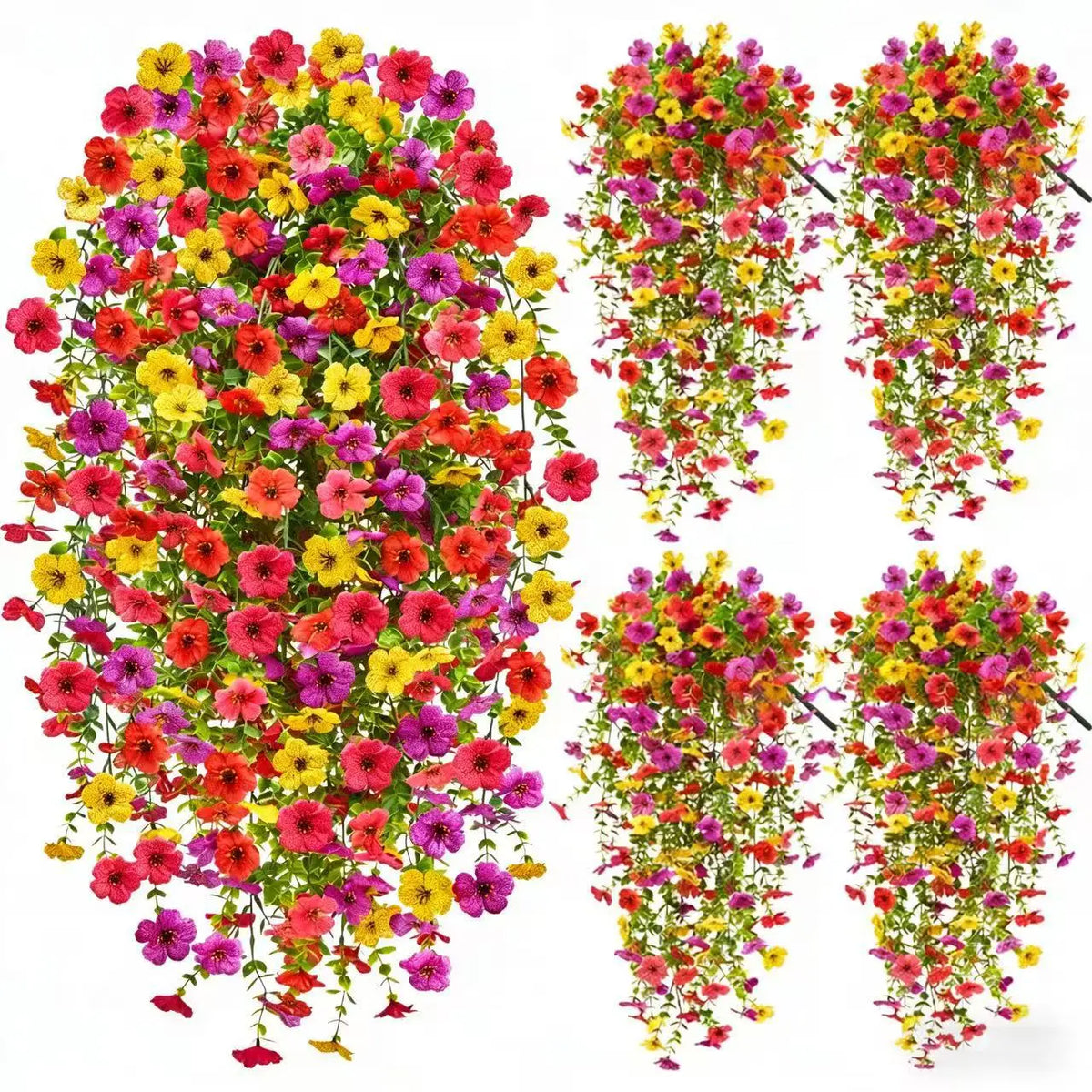 A collection of artificial violet flowers in various colors, including red, yellow, and pink, displayed as hanging vines.