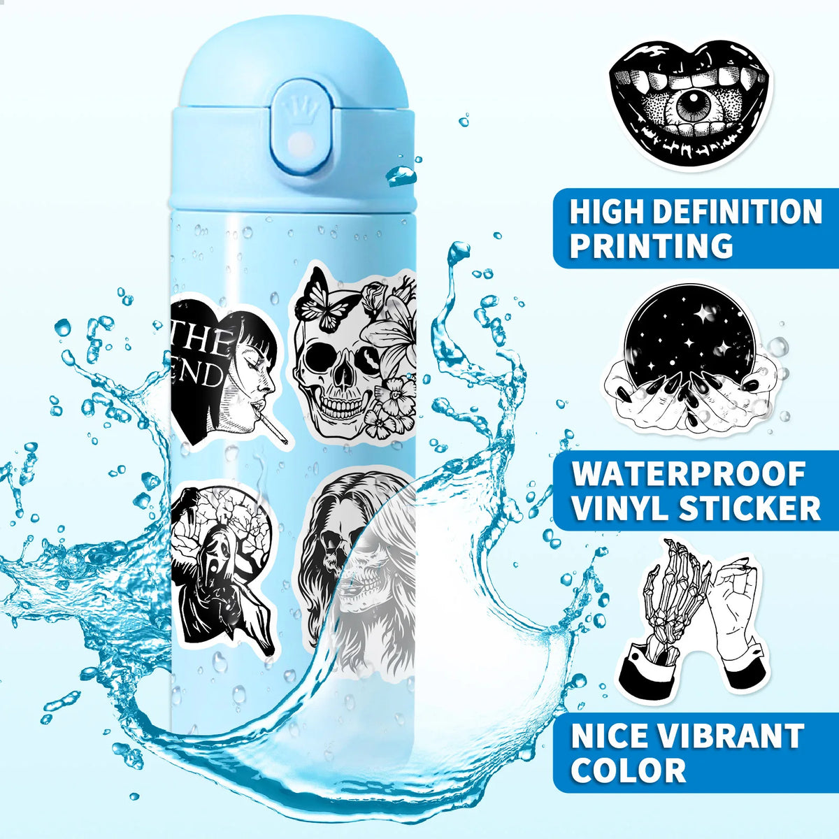 Bouteille claire de liquide avec divers designs crânes et visages gothiques pour autocollants en vinyle