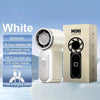 A white mini handheld fan is displayed next to its packaging and features are highlighted.